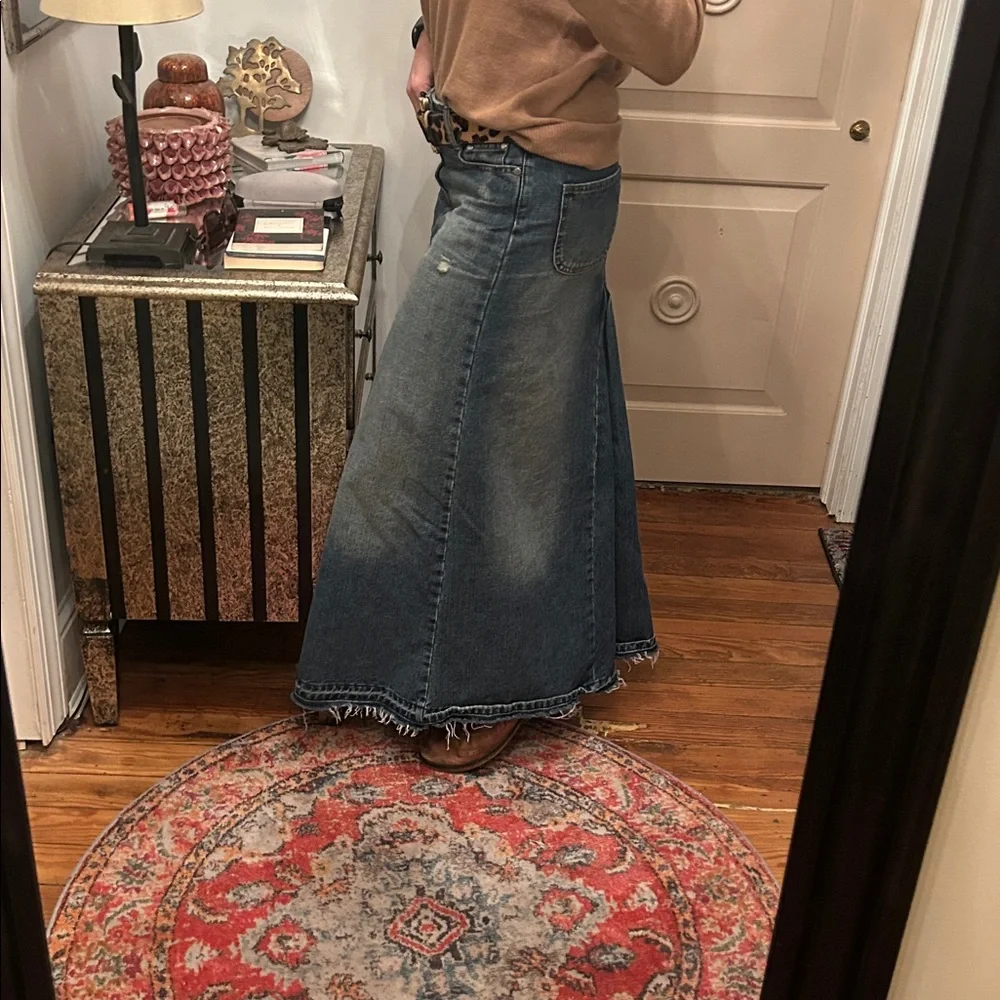 RARE Blue Denim Sz 6 Maxi Skirt DOUBLE fishtail inset front and back - Picture 2 of 4